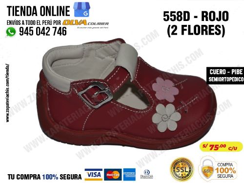 558d rojo 2 flores calzado en cuero para bebe nina