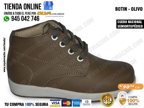botin olivo semiortopedico en cuero peruano para ninos