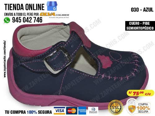 030bd azul zapato en cuero peruano para bebe nina modelo semiortopedico pibe