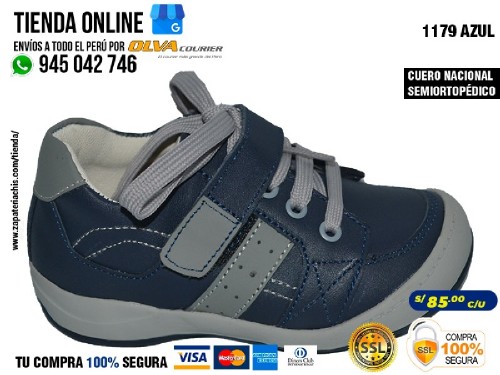 1179 azul zapatos en modelo semiortopedicos para nino en cuero peruano con arco formador para pie plano