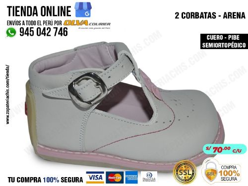 2 corbatas arena zapato en cuero peruano para bebe nina modelo pibe semiortopedico
