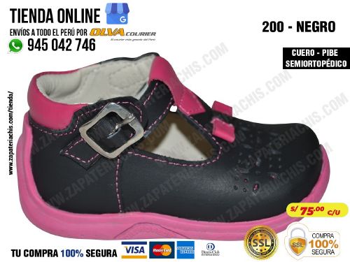 200d negro calzado en cuero para bebe nina