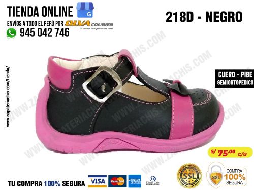 218d negro calzado en cuero para bebe nina