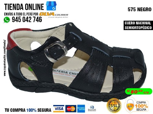 575 negro sandalias en cuero peruano con arco ortopedico