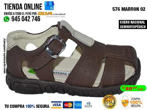 576 marron 02 sandalias para ninos en cuero peruano con arco ortopedico
