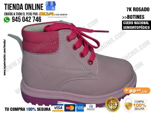 7k rosado botin semiortopedico en cuero peruano para tu nina con arco anatomico