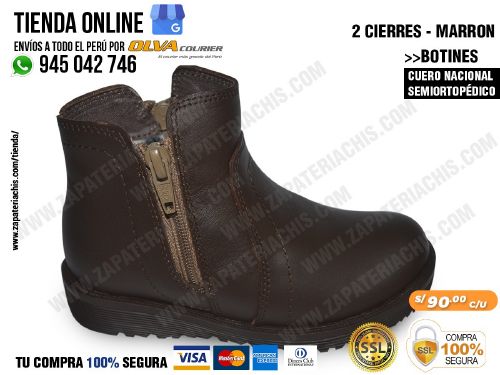 botin 2 cierres marron en cuero peruano para nina semiortopedico