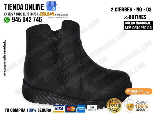 botin 2 cierres negro 03 en cuero peruano para nina semiortopedico