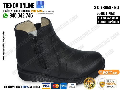 botin 2 cierres negro en cuero peruano para nina semiortopedico