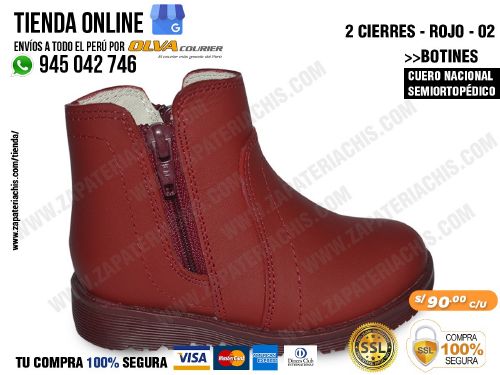 botin 2 cierres rojo 02 en cuero peruano para nina semiortopedico