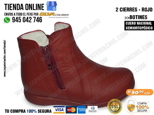 botin 2 cierres rojo en cuero peruano para nina semiortopedico
