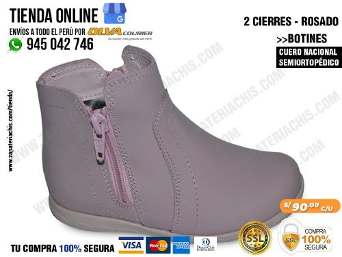 botin 2 cierres rosado en cuero peruano para nina semiortopedico