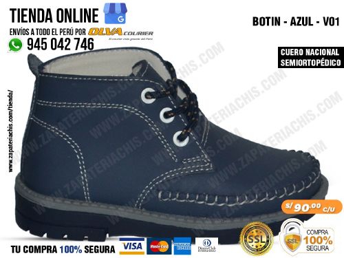 botin azul v01 semiortopedico en cuero peruano para ninos con arco formador