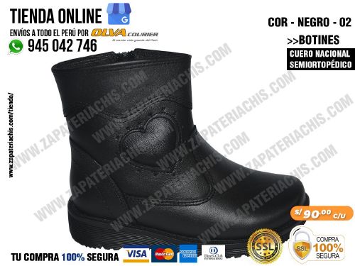 botin corazon negro 02 en cuero peruano para nina semiortopedico