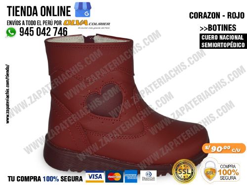 botin corazon rojo en cuero peruano para nina semiortopedico