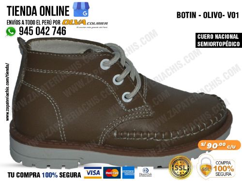 botin olivo v01 semiortopedico en cuero peruano para ninos con arco formador