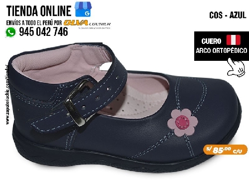 cos azul zapatos semi ortopedico en cuero peruano para bebe nina para pie plano con formador