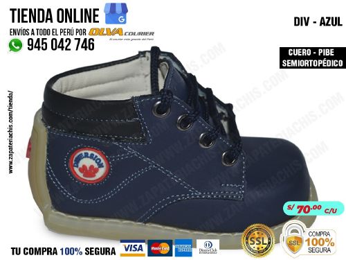 div azul calzado en cuero peruano pibe semiortopedico para bebe