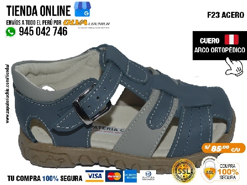 f23 acero sandalias con arco formador para nino en cuero peruano para pie plano