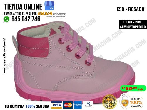 k50 rosado botin en cuero peruano para bebe nina modelo pibe semiortopedico para primeros pasos