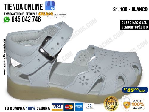 s1 100 blanco sandalias en cuero peruano semiortopedico con arco anatomico y formador