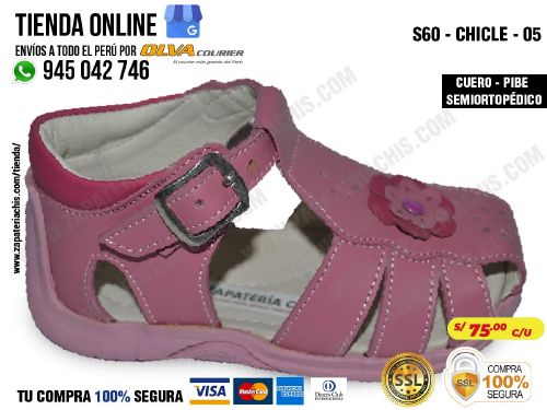 s60 chicle 05 sandalias modelo pibe semiortopedico en cuero peruano para bebe nina