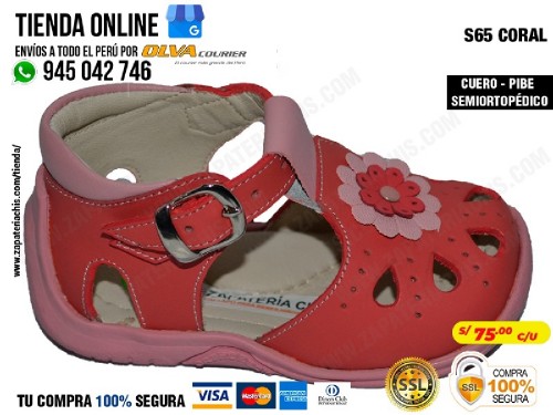 s65 coral sandalias modelo pibe con arco ortopedico en cuero peruano para bebe nina para primeros pasos