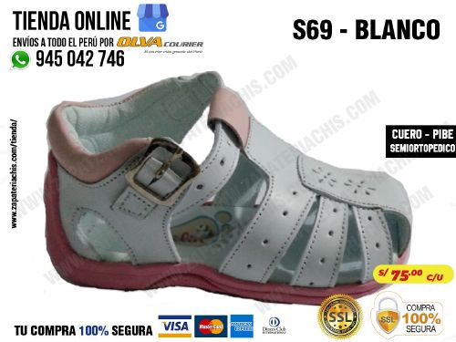 s69d blanco calzado en cuero para bebe nina