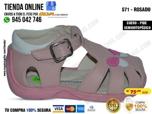 s71 rosado sandalias modelo pibe semiortopedico en cuero peruano para bebe nina