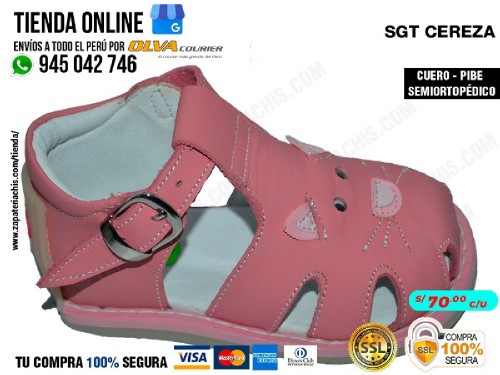 sgt cereza sandalias modelo pibe con arco ortopedico en cuero peruano para bebe nina para primeros pasos