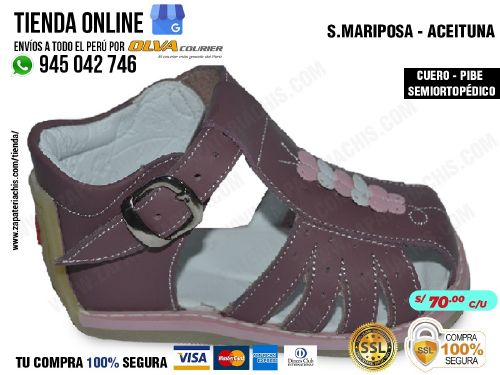 smariposa aceituna sandalias modelo pibe semiortopedico en cuero peruano para bebe nina
