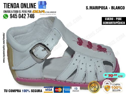 smariposa blanco sandalias modelo pibe semiortopedico en cuero peruano para bebe nina