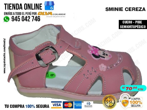 sminie cereza sandalias modelo pibe con arco ortopedico en cuero peruano para bebe nina para primeros pasos